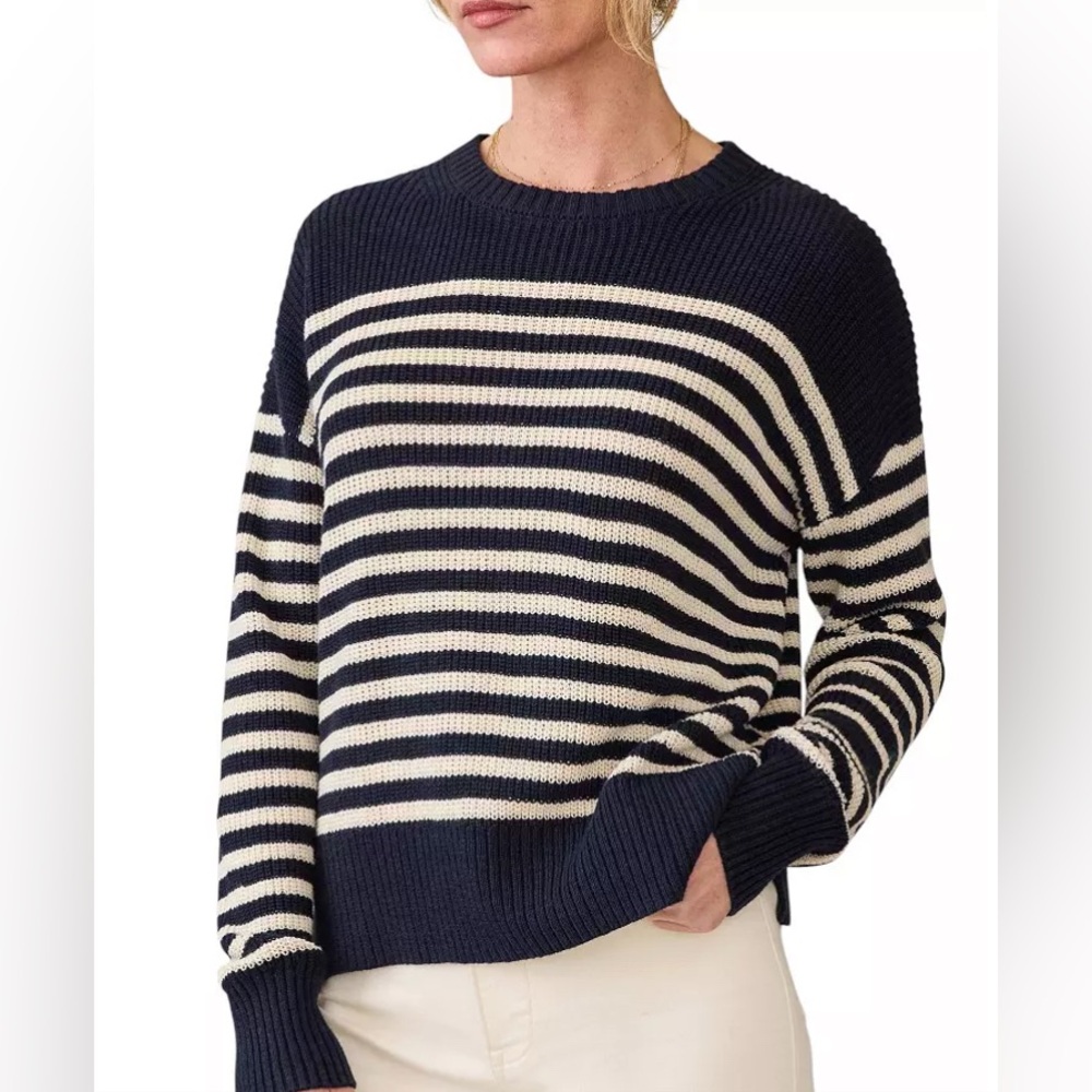 Faherty Navy and Cream Striped Crewneck Sweater